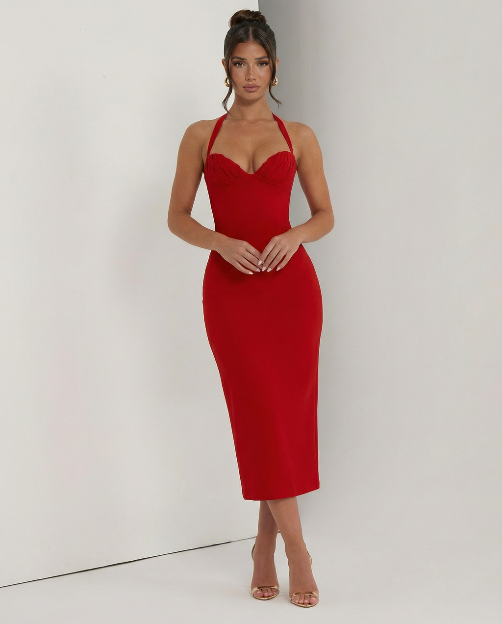 Agneta | Women's Wedding Guest Halter Sweetheart Neck Midi Dress