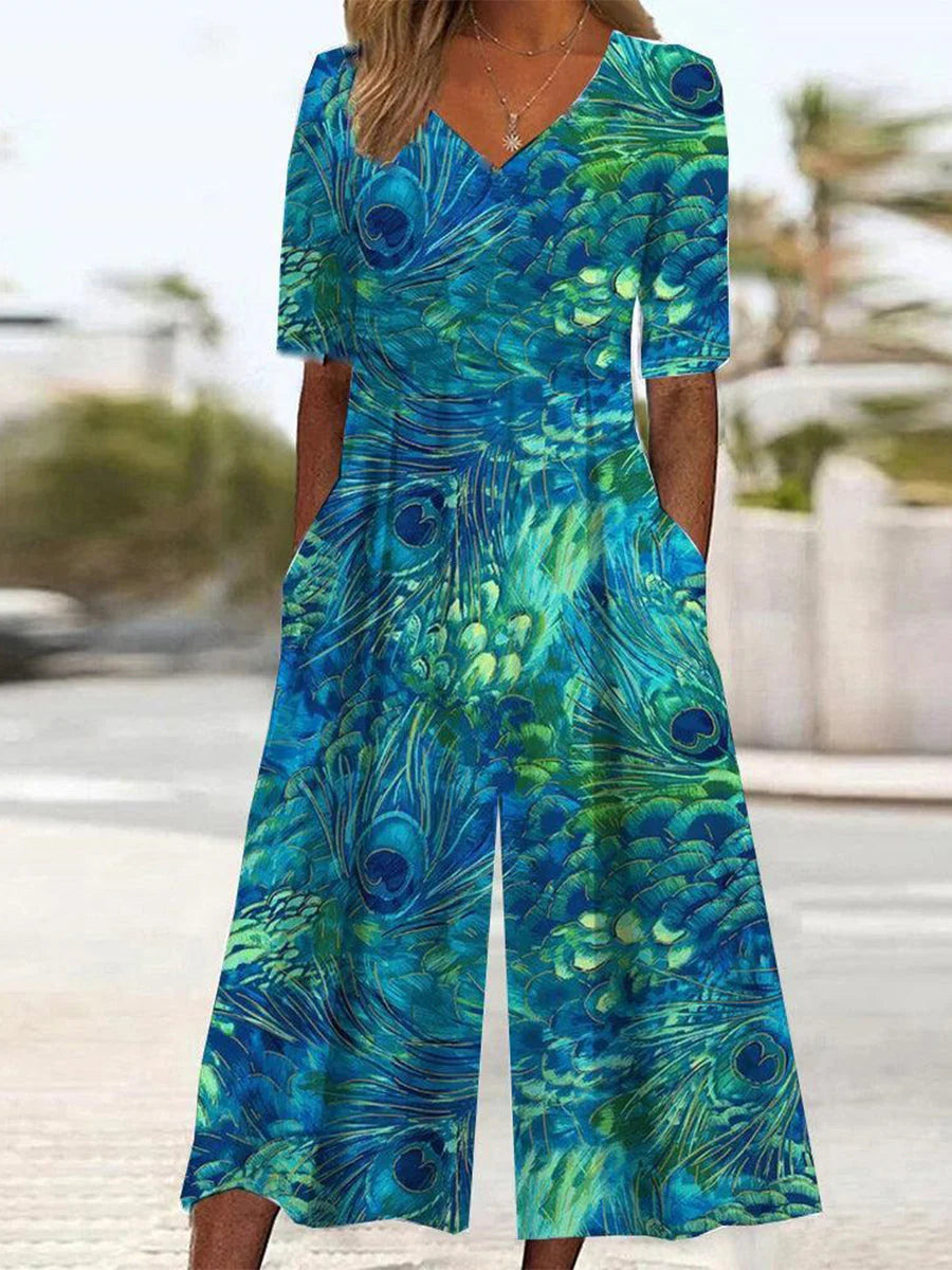 Agnieszka | Women's Abstract Print V-Neck Short Sleeve Jumpsuit