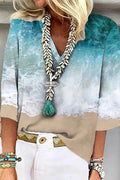 Ahava | Women's Blue Beach Print V-Neck Summer Blouse