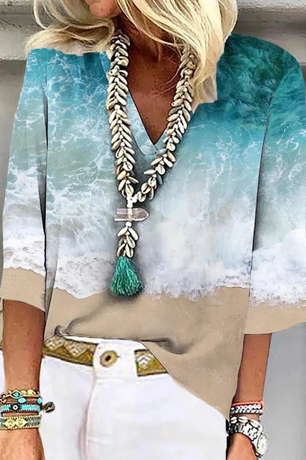 Ahava | Women's Blue Beach Print V-Neck Summer Blouse