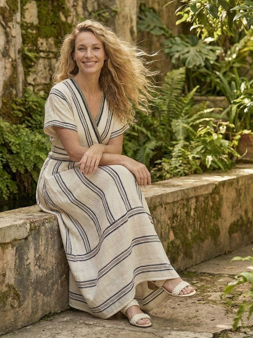 Aida | Women’s Short Sleeve V Neck Striped Midi Dress