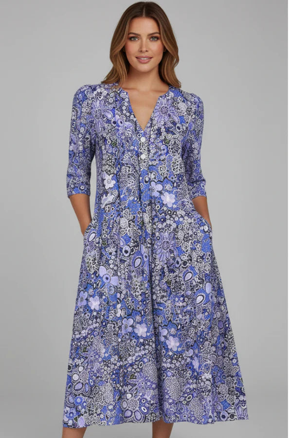 Ailee | Women’s Floral Print V Neck Flowy Midi Dress