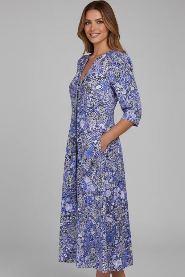 Ailee | Women’s Floral Print V Neck Flowy Midi Dress