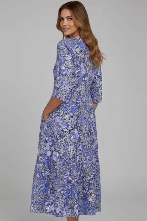 Ailee | Women’s Floral Print V Neck Flowy Midi Dress