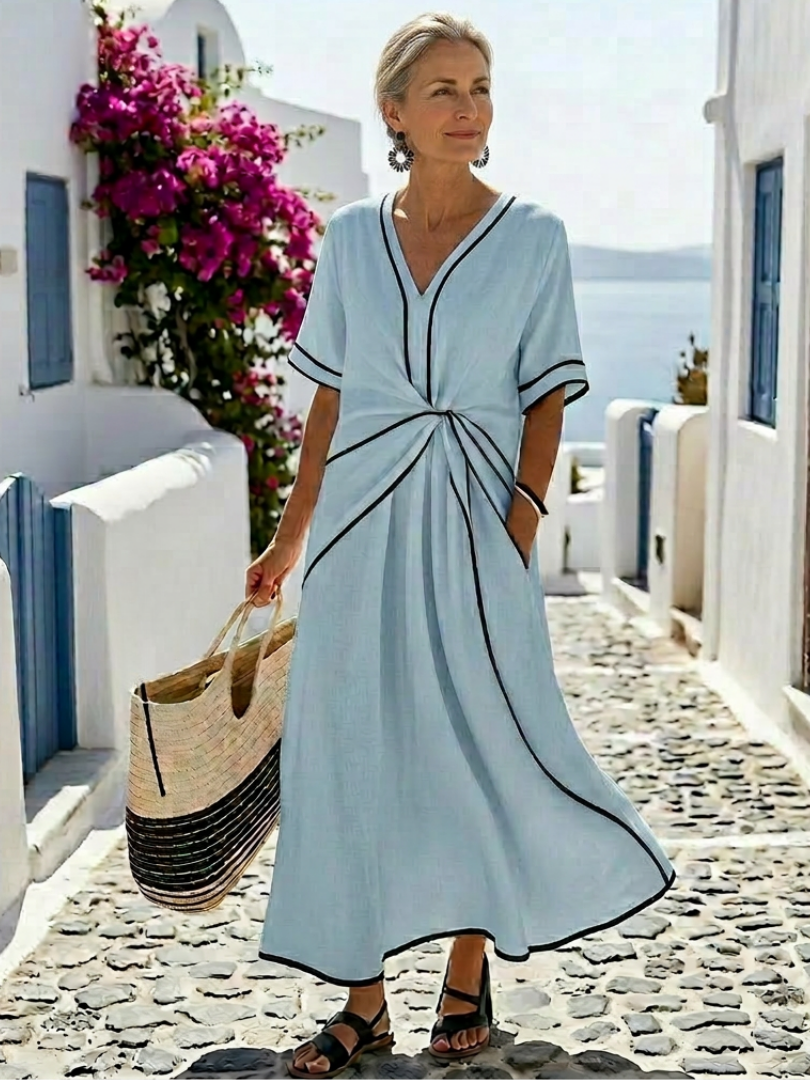 Aileen | Women’s Gathered Waist Short Sleeve V Neck Midi Dress