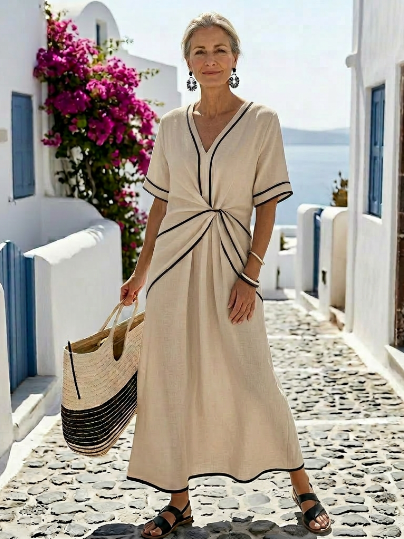 Aileen | Women’s Gathered Waist Short Sleeve V Neck Midi Dress