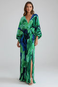 Ailsa | Women’s Pleated V Neck High Slit Flowy Maxi Dress