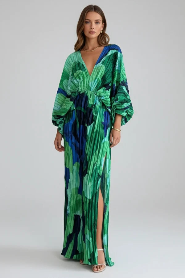 Ailsa | Women’s Pleated V Neck High Slit Flowy Maxi Dress