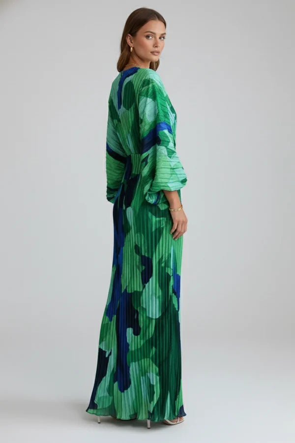 Ailsa | Women’s Pleated V Neck High Slit Flowy Maxi Dress
