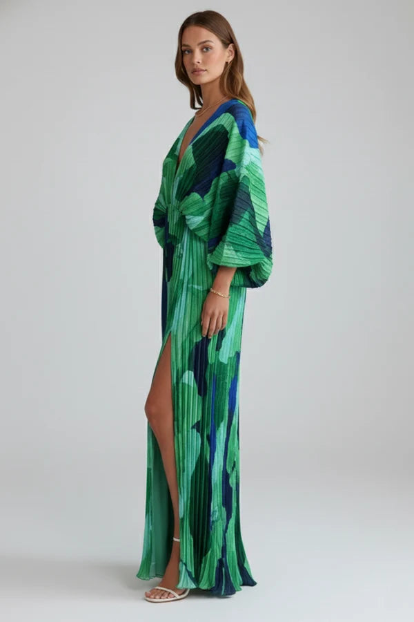 Ailsa | Women’s Pleated V Neck High Slit Flowy Maxi Dress