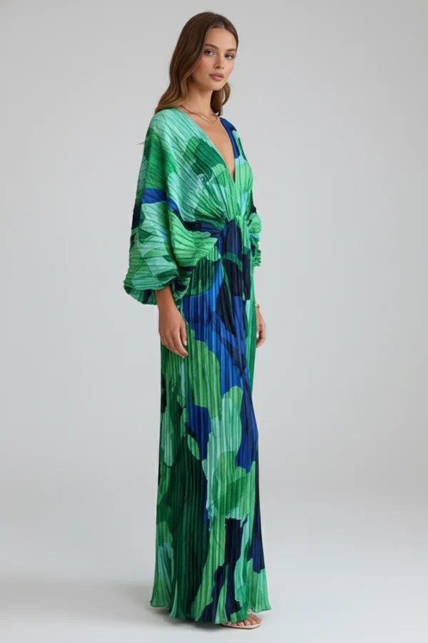 Ailsa | Women’s Pleated V Neck High Slit Flowy Maxi Dress