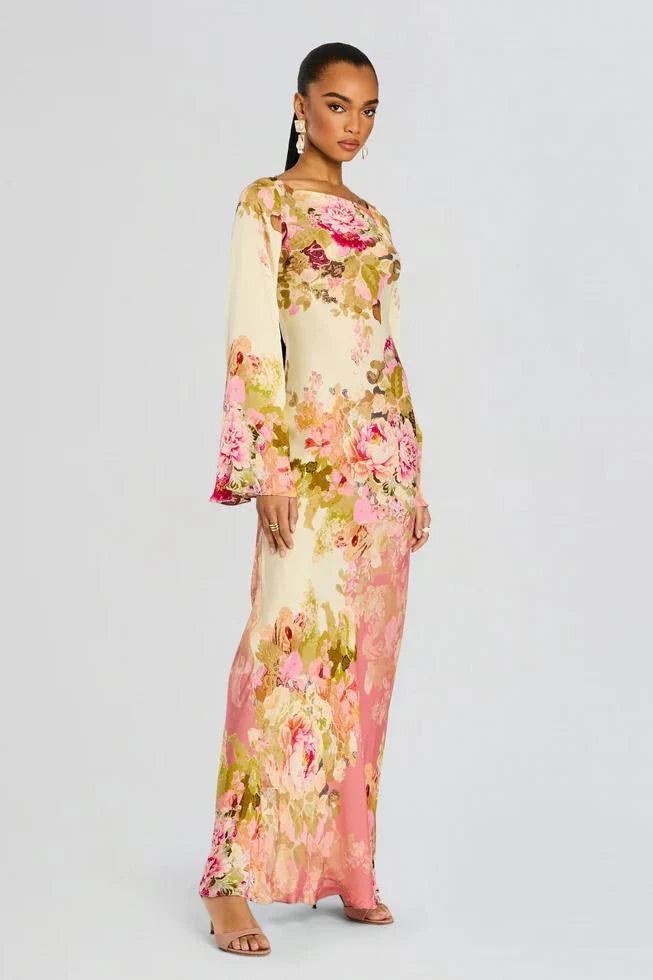 Aimie | Women’s Long Sleeve Boat Neck Floral Maxi Dress
