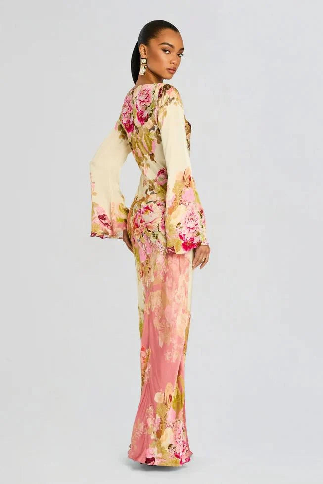 Aimie | Women’s Long Sleeve Boat Neck Floral Maxi Dress