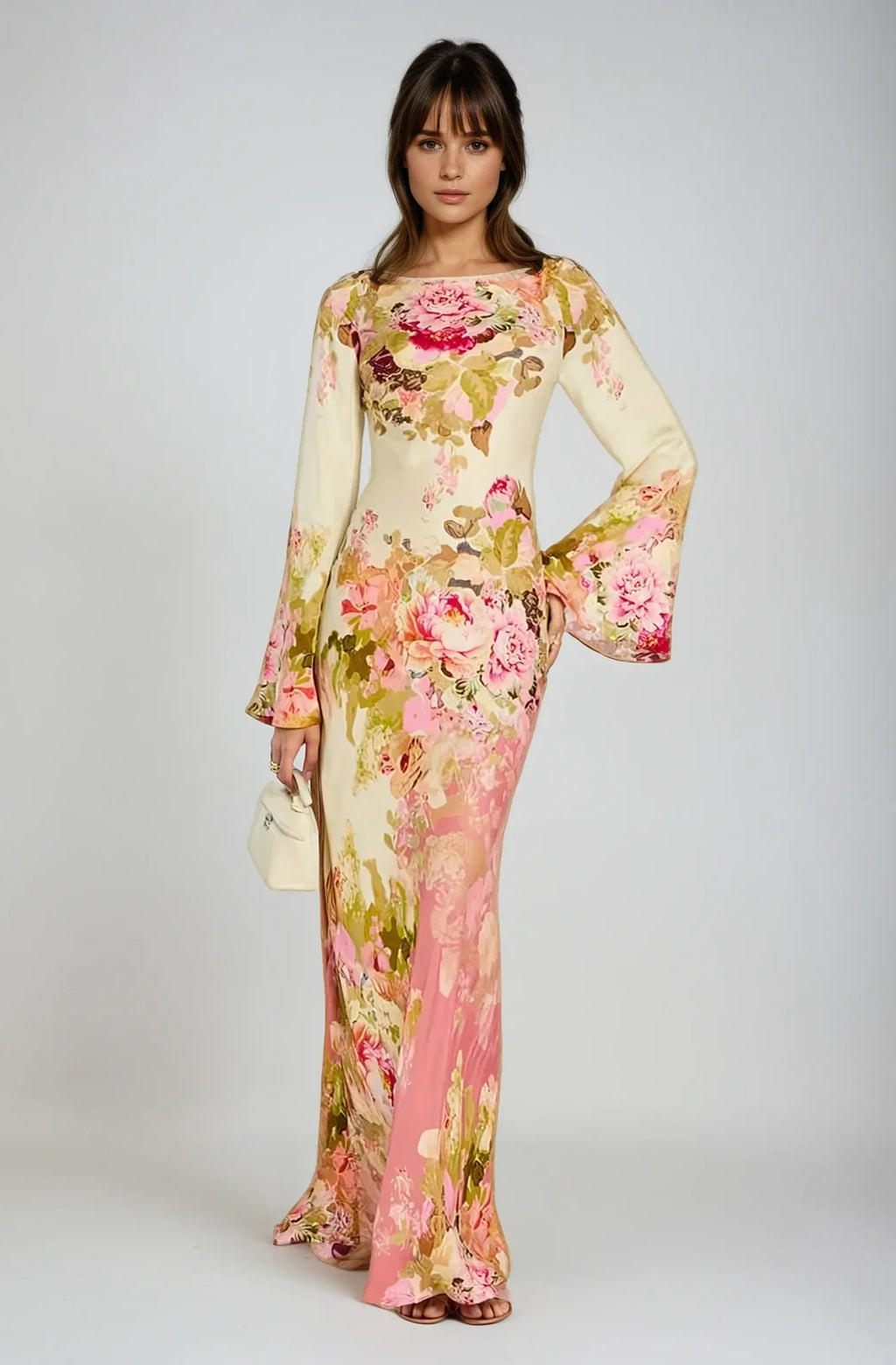 Aimie | Women’s Long Sleeve Boat Neck Floral Maxi Dress