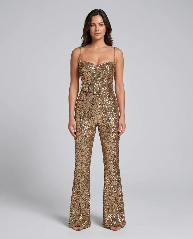 Ainslee | Women's Belted Sequin Sleeveless Fitted Jumpsuit