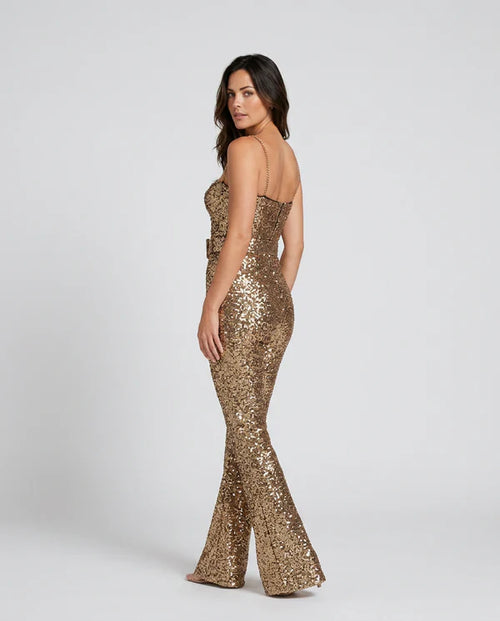 Ainslee | Women's Belted Sequin Sleeveless Fitted Jumpsuit