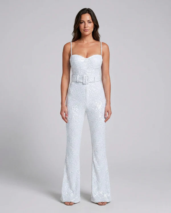 Ainslee | Women's Belted Sequin Sleeveless Fitted Jumpsuit