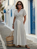 Ainsley | Women’s Short Sleeve Vertical Stripe V Neck Midi Dress
