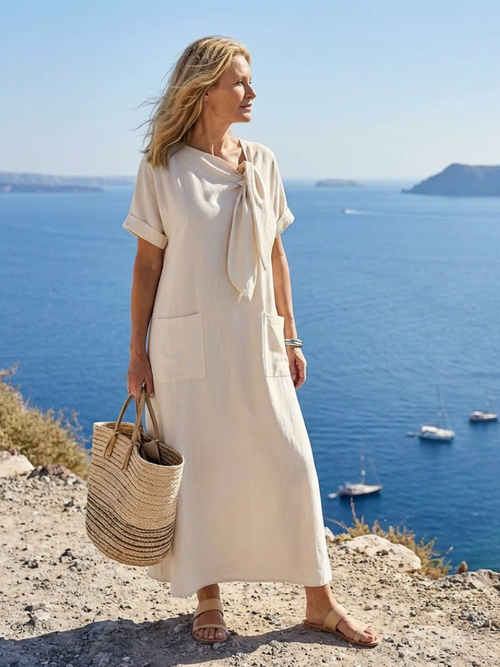 Aisha | Women’s Tie Front Round Neck Short Sleeve Maxi Dress