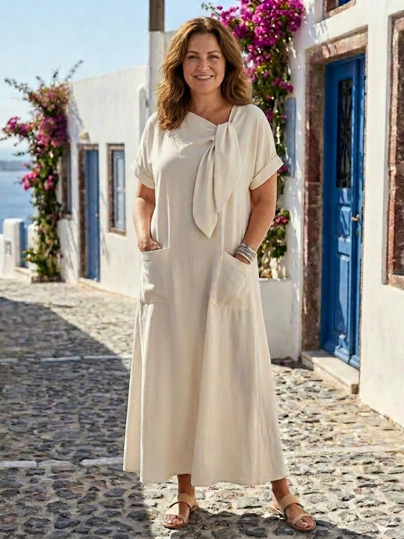 Aisha | Women’s Tie Front Round Neck Short Sleeve Maxi Dress