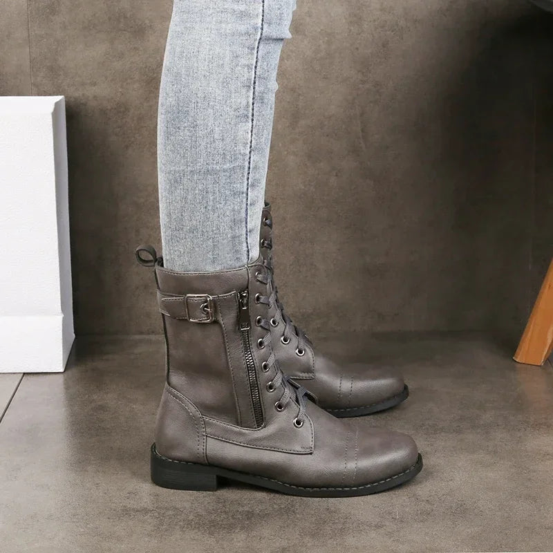 Aissa | Women’s Buckle Lace Up Zipper Mid Calf Boots