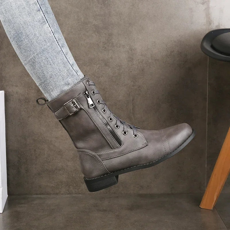 Aissa | Women’s Buckle Lace Up Zipper Mid Calf Boots