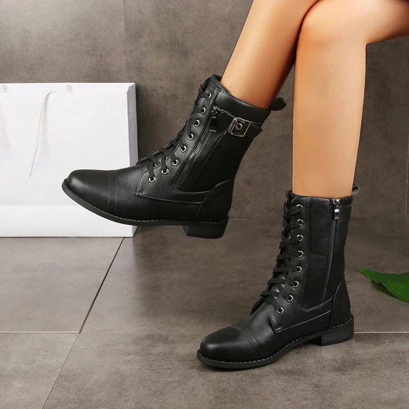 Aissa | Women’s Buckle Lace Up Zipper Mid Calf Boots