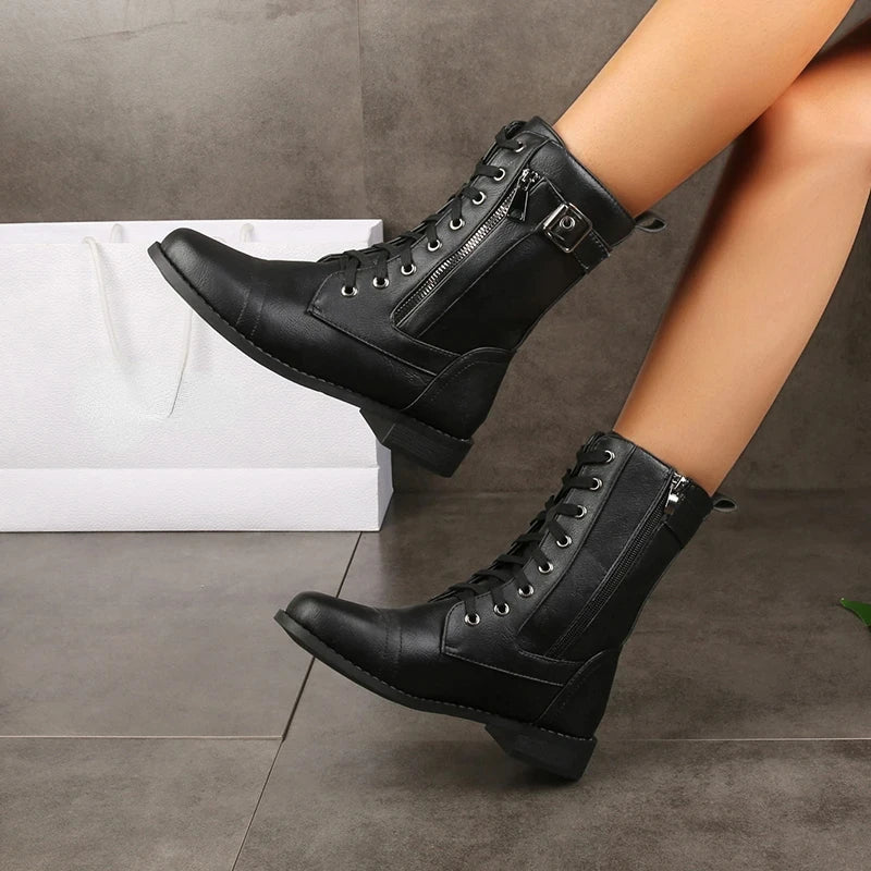 Aissa | Women’s Buckle Lace Up Zipper Mid Calf Boots