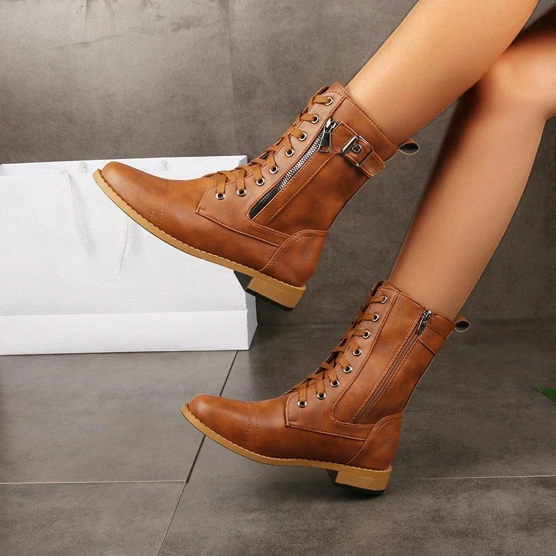 Aissa | Women’s Buckle Lace Up Zipper Mid Calf Boots