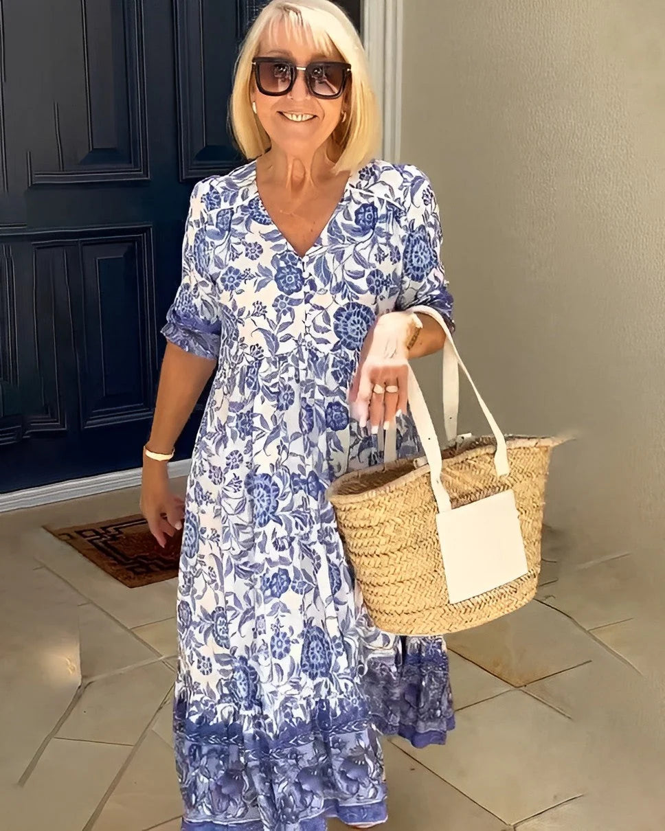 Akela | Women’s V Neck Floral Print Tiered Flowy Midi Dress