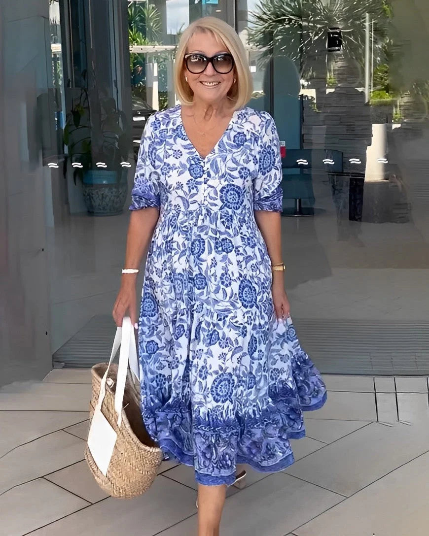 Akela | Women’s V Neck Floral Print Tiered Flowy Midi Dress