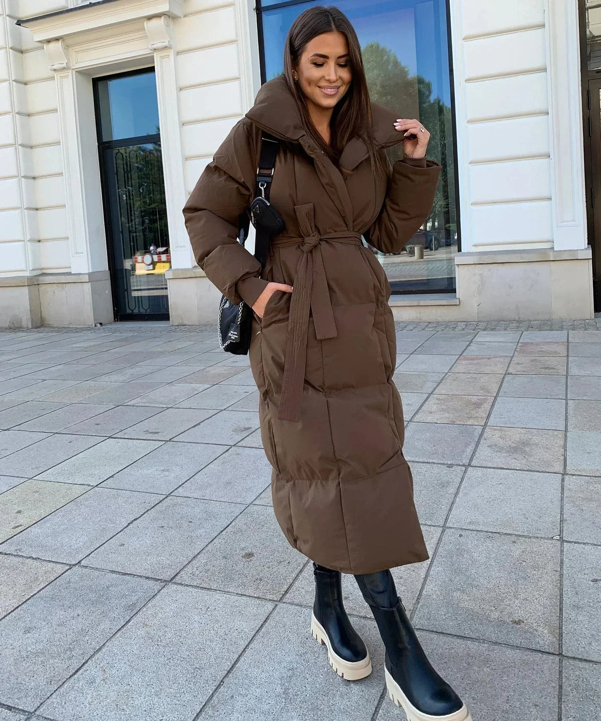 Akilah | Women’s Long Sleeve Belted Midi Length Puffer Jacket