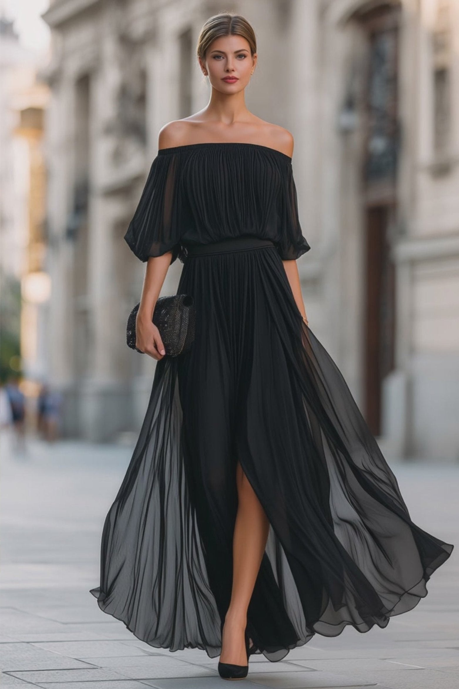 Akira | Women’s Pleated Off Shoulder High Slit Flowy Maxi Dress