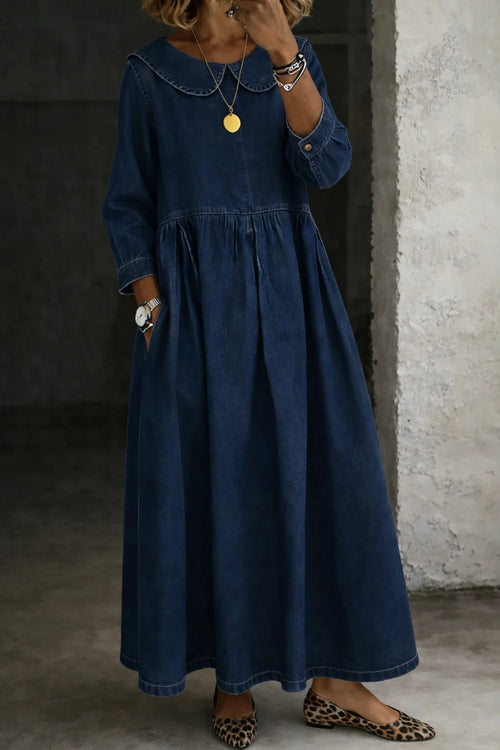 Alanis | Women’s Collared Pleated Long Sleeve Denim Maxi Dress