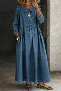 Alanis | Women’s Collared Pleated Long Sleeve Denim Maxi Dress