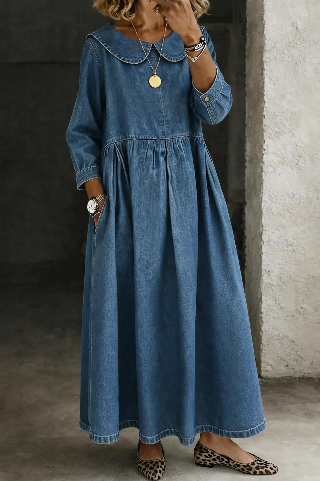 Alanis | Women’s Collared Pleated Long Sleeve Denim Maxi Dress
