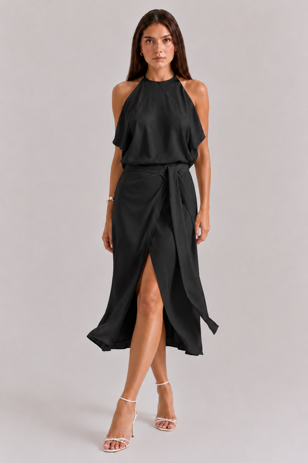 Alanza | Women's High Slit Off-Shoulder High Neck Midi Dress