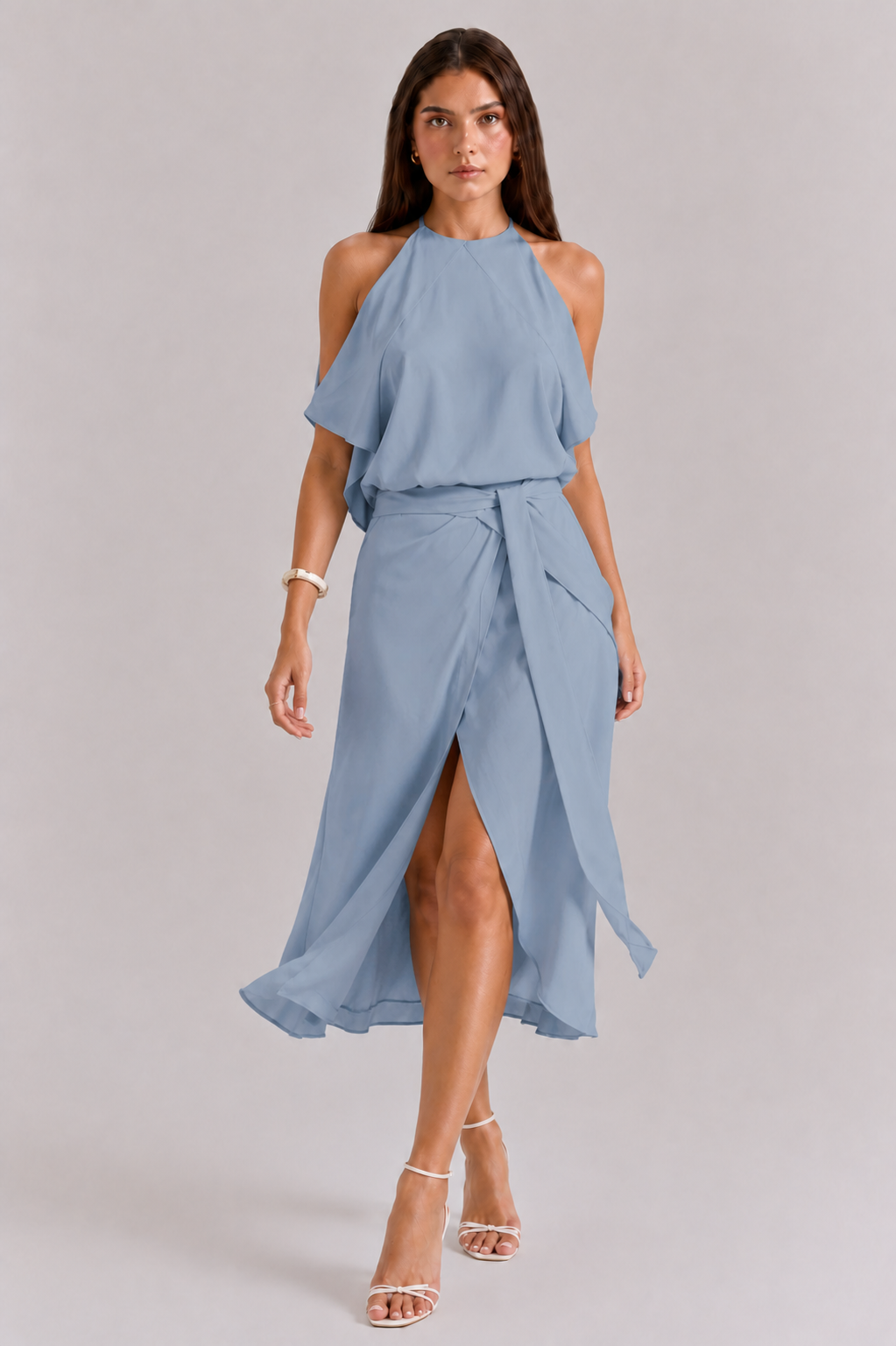 Alanza | Women's High Slit Off-Shoulder High Neck Midi Dress