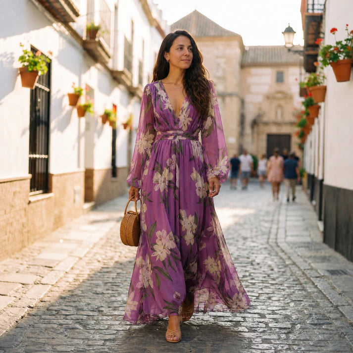 Alarice | Women's Floral Long Sleeve Flowy Wedding Guest Dress