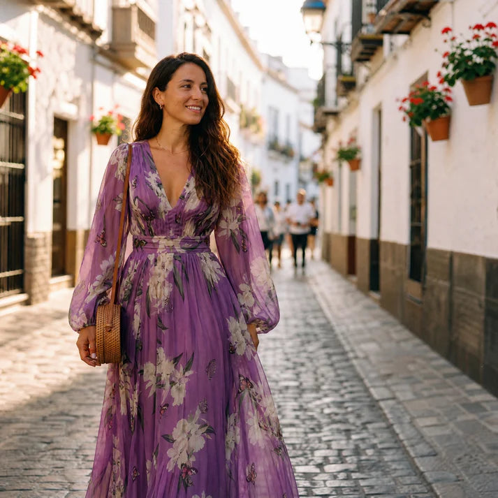 Alarice | Women's Floral Long Sleeve Flowy Wedding Guest Dress