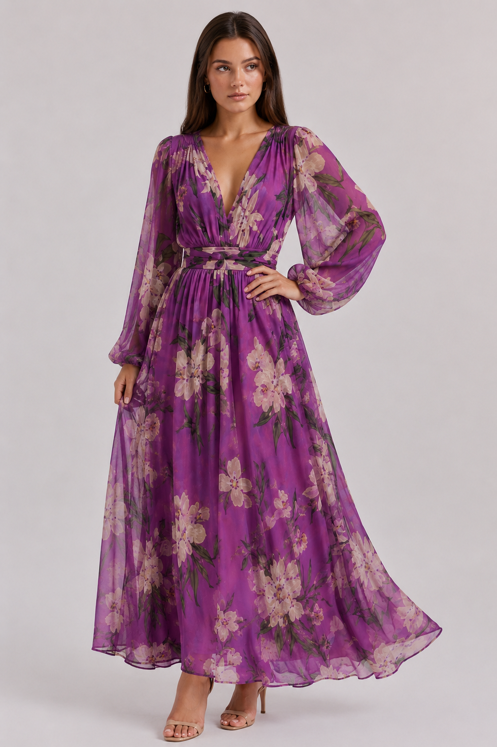 Alarice | Women's Floral Long Sleeve Flowy Wedding Guest Dress