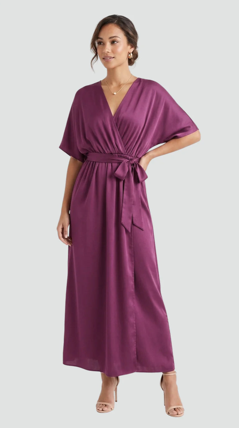 Alberta | Women's Draped Tie Waist V Neck Flowy Midi Dress