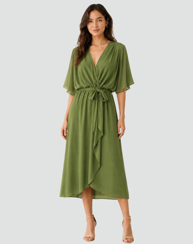 Alberta | Women's Draped Tie Waist V Neck Flowy Midi Dress