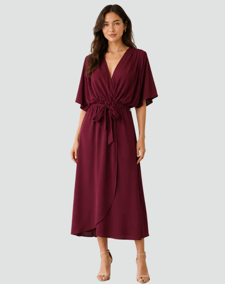 Alberta | Women's Draped Tie Waist V Neck Flowy Midi Dress