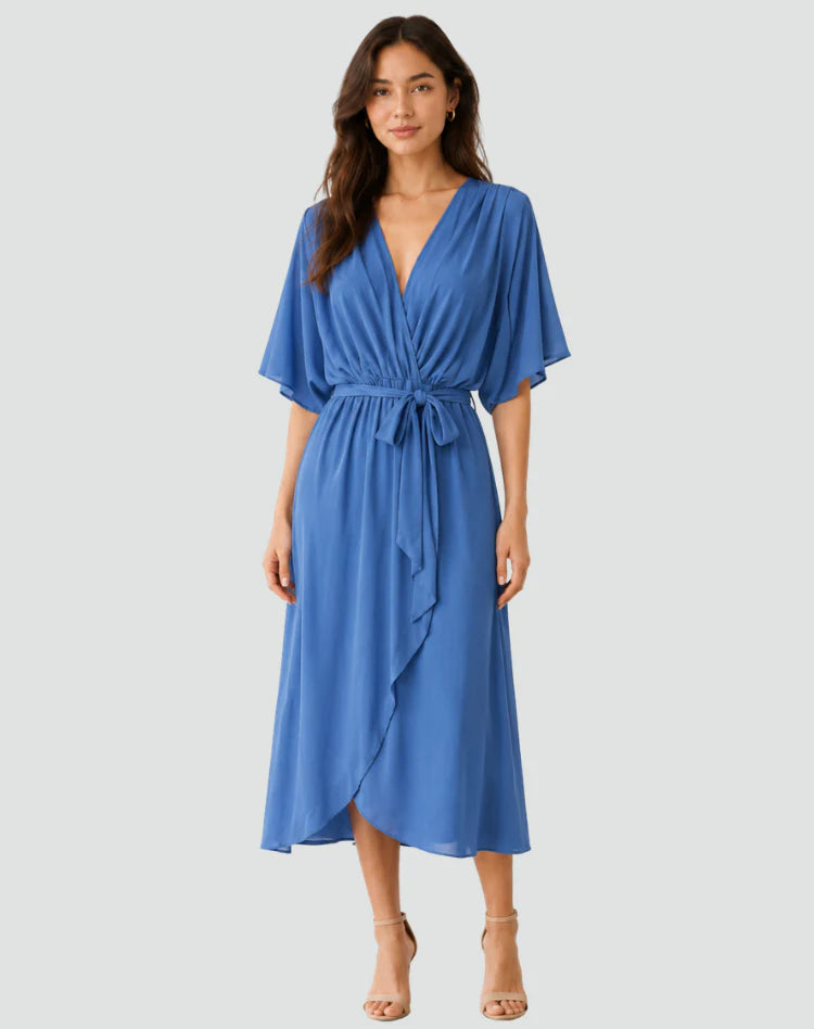 Alberta | Women's Draped Tie Waist V Neck Flowy Midi Dress