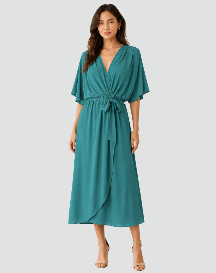 Alberta | Women's Draped Tie Waist V Neck Flowy Midi Dress
