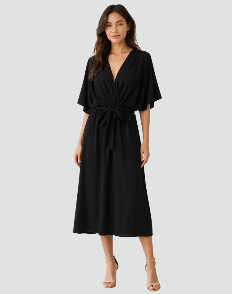 Alberta | Women's Draped Tie Waist V Neck Flowy Midi Dress