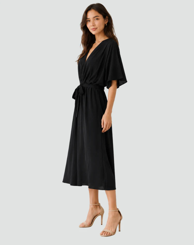 Alberta | Women's Draped Tie Waist V Neck Flowy Midi Dress