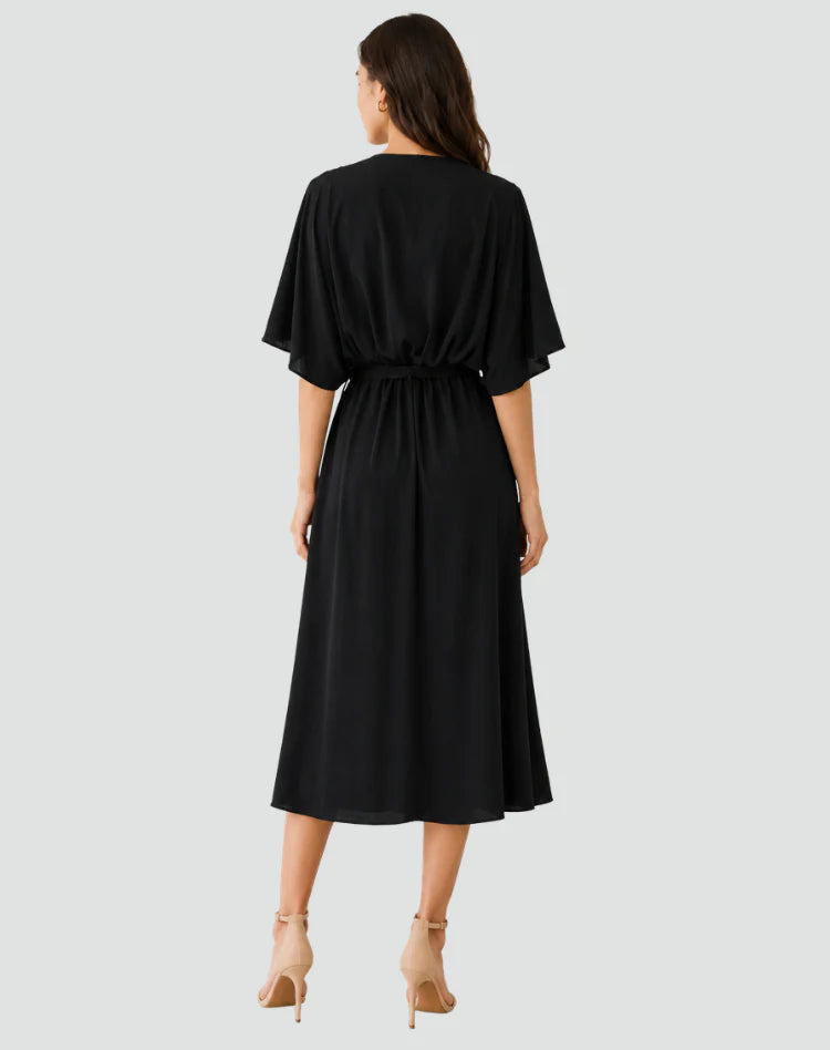 Alberta | Women's Draped Tie Waist V Neck Flowy Midi Dress