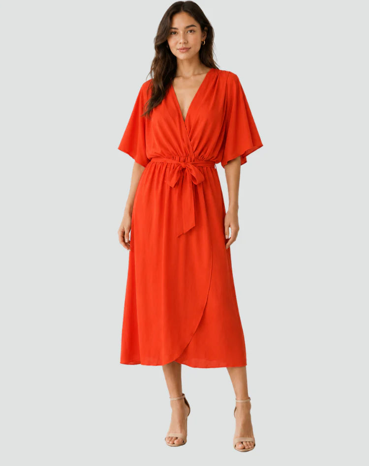 Alberta | Women's Draped Tie Waist V Neck Flowy Midi Dress